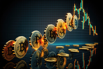 Bitcoins gold coins with stick graph chart and digital background.
