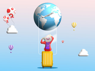 Tourist Women rest sitting on luggage looking to world with balloon, cloud, plane and smartphone transparent on blue sky background. Illustration 3D for content happy holiday, weekend relax time.