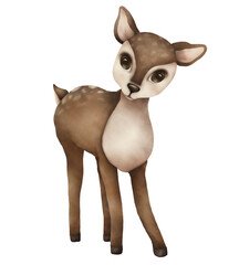 Watercolor illustration of little cute Bambi/ oh,deer with beautiful eyes on white background. Idea for icons, cartoon, books, stickers, banner, background, children’s art, poster, Wallpaper