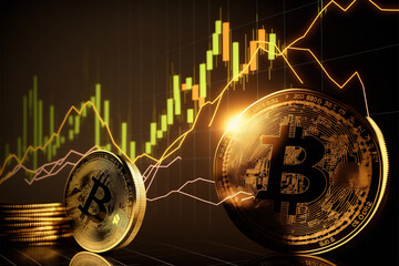 Bitcoins gold coins with stick graph chart and digital background.
