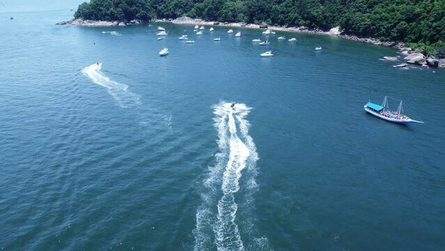 sea, water, jet ski, boats, drone, 4k video, walpapper, blue, mountains, fish, shark, landscape, nature, open sea, people, riding a jet ski, santos, santos beach, schooner