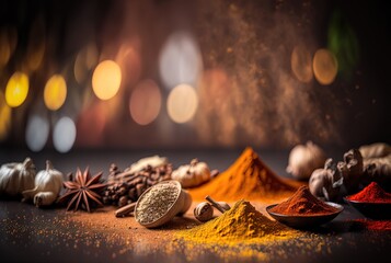 close-up variety of spices, dust or grain in bottle and in bowl , culinary ingredients on wooden table in artistic position, herbal ground powder, spice sprinkle from above