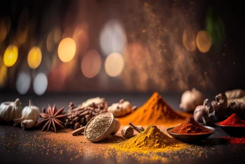 Poster close-up variety of spices, dust or grain in bottle and in bowl , culinary ingredients on wooden table in artistic position, herbal ground powder, spice sprinkle from above © QuietWord