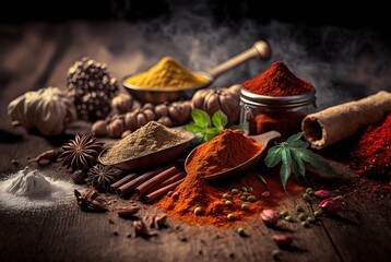 close-up variety of spices, dust or grain in bottle and in bowl , culinary ingredients on wooden table in artistic position, herbal ground powder,