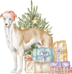 Whippet dog with Christmas tree
