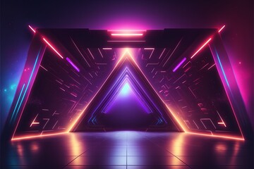 Sci Fi Futuristic Stage Neon Glowing Gradient Vibrant Purple Pink Colored Metal Shiny Glossy Star Stage Mesh Floor Clean Modern Spaceship Cyber Background, 3D Rendering