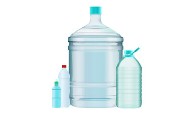 Set plastic bottle: Five gallon or 19 liter, 5 liter, 0.5 liter water bottle container. Water delivery service of fresh purified water. Vector illustration.