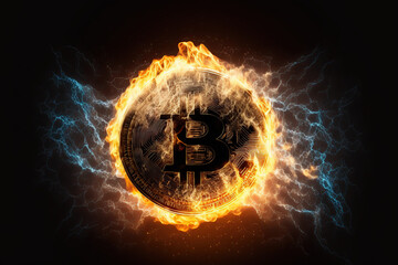 Golden bitcoin coin in fire with trading stock chart background