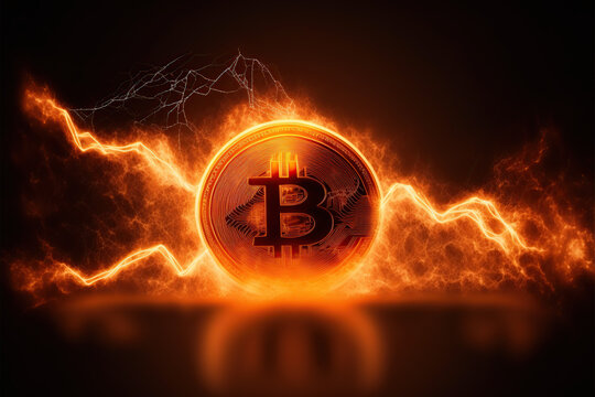 Golden bitcoin coin in fire with trading stock chart background