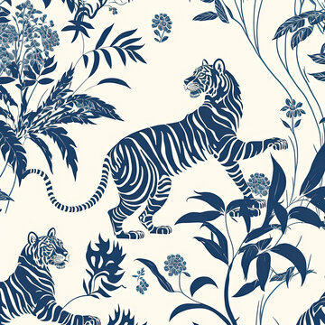 A fashionable designer pattern with tigers surrounded by a wild vegetation. A light blue line art on a milky white background. generative ai