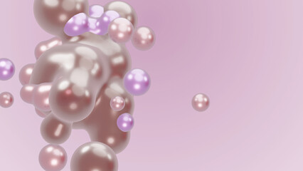 3D render animation motion design presentation wallpaper metaverse. White abstract metasphere liquid shape moving deformation transition to meta balls bubbles drops pearls molecules on pink background