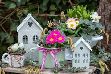 Fototapeta na wymiar florales Arrangement mit Primeln und Hyazinthen in vintage Töpfen im Garten