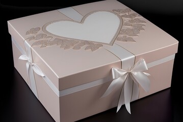 Digital painting of a beautiful realistic square shaped gift box with a heart pattern and satin or silk white ribbon, golden leaf, flower or butterfly decoration, a lovely present on black background