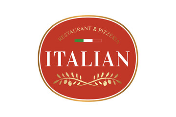 Elegant Italian Restaurant and Pizzeria Logo. Round Red Gold Badge