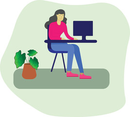 business woman working on laptop. This illustration can be used for various purposes like working online, digital marketing, women empowerment, online earning, freelancing, work from home and office, 