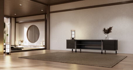 Cabinet wooden japandi design on living room muji style empty wall background. © Interior Design
