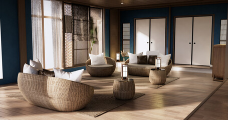 Minimalist interior ,Sofa furniture and plants, modern blue sky room design.