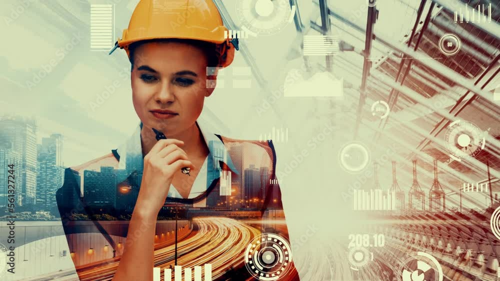 Poster future building construction and inventive engineering project concept with hud hologram graphic des