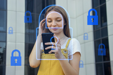 Mobile phone data protection. Cybersecurity and privacy concepts to protect data. Lock icon,...