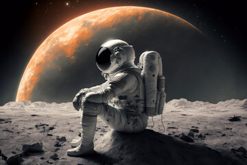 Cosmonaut on a cold snowy moon. An astronaut looks into the cold future in space, on which planet could people survive, dark mood. AI generative