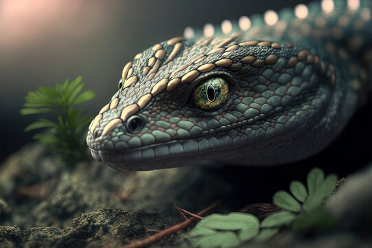 close up of a snake on a rock, macro photo of a snake