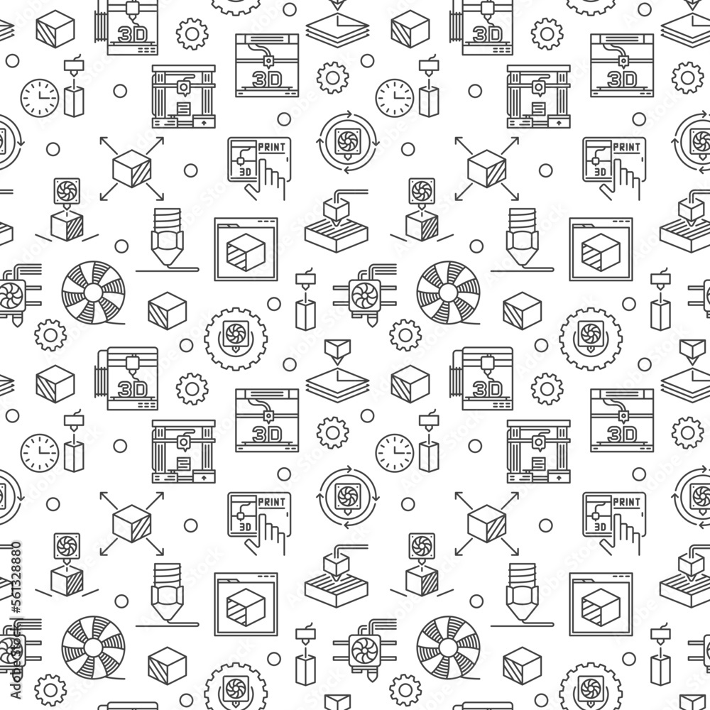 Poster 3d printing vector additive technology concept seamless pattern in thin line style