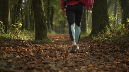 Caucasian woman in white sneakers going to the outdoor training in the forest. Outdoor training concept