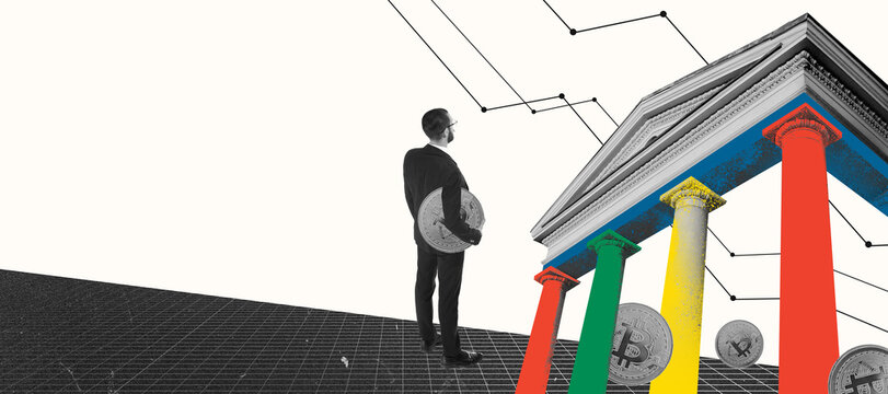 Contemporary art collage. Conceptual design. Man, businessman holding bitcoin symbolizing entering crypto business. Banner, flyer