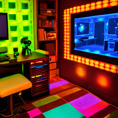 modern living gamer room realistic drawn with 3d monitor
