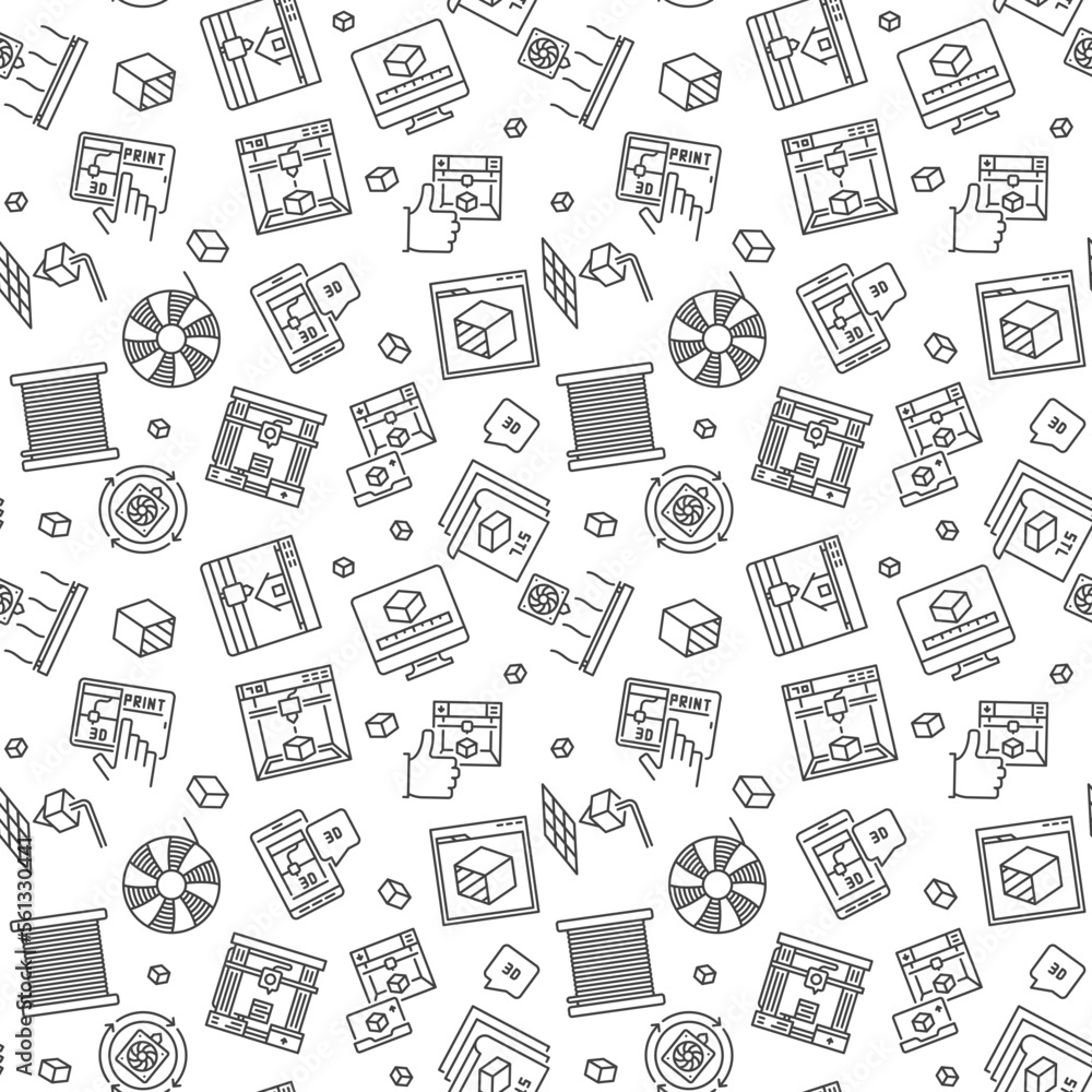 Poster 3d printing technology concept outline pattern. vector seamless background
