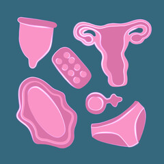 Vector isolated illustration of menstrual set. Menstrual cycle.