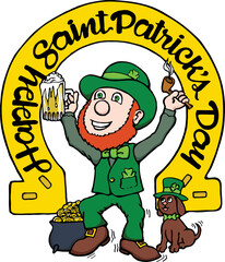 cartoon leprechaun with gold horseshoe