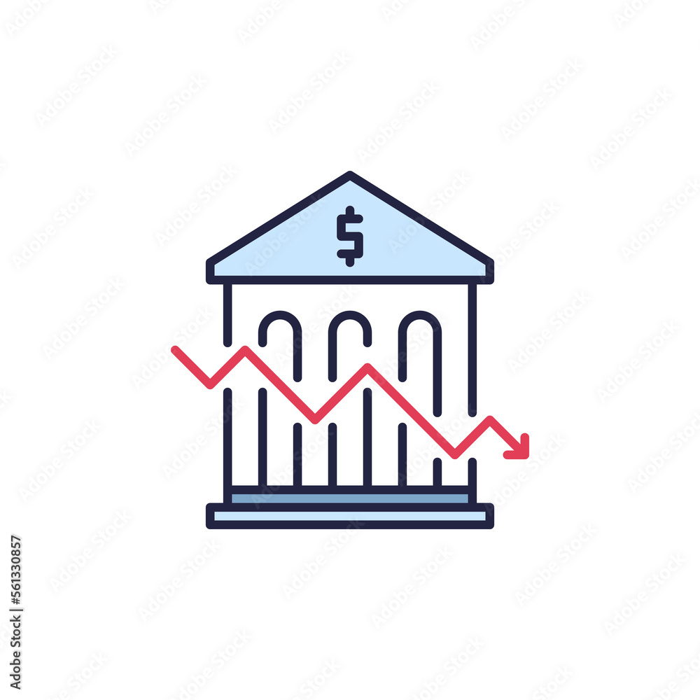 Poster bank building with falling graph vector inflation concept colored icon