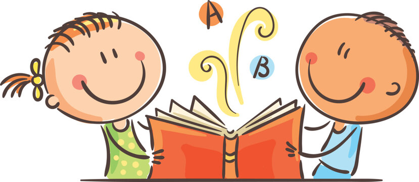 Cartoon doole smiling school kids with a book, boy and girl sitting at a desc with book, isolated on white