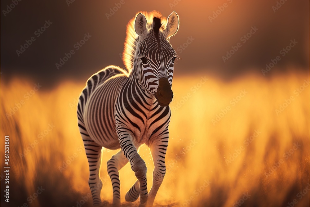 Poster a zebra running through a field of tall grass at sunset or dawn with the sun shining on the zebra's 