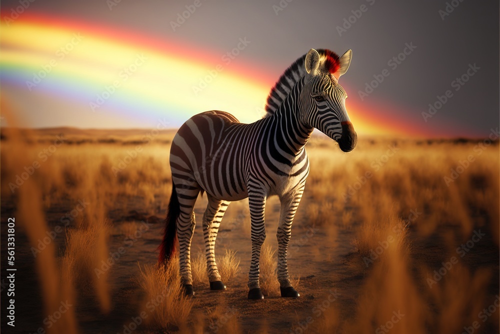 Poster a zebra standing in a field with a rainbow in the background and a dark sky with clouds in the backg