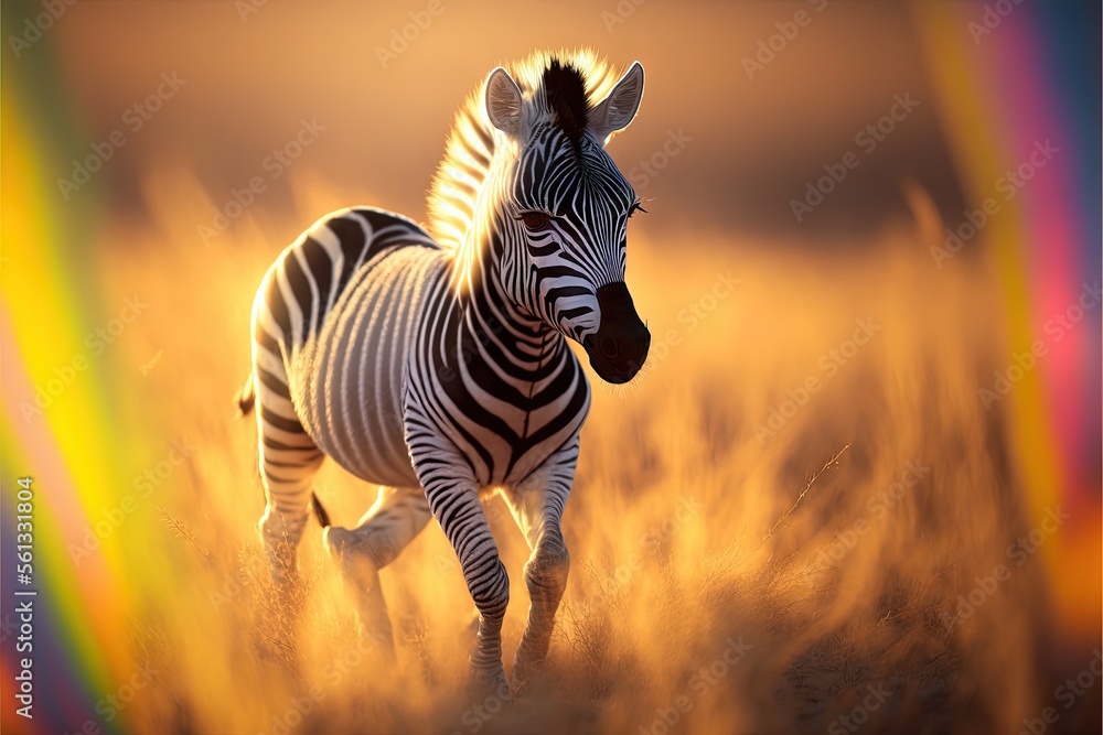 Poster a zebra running through a field of tall grass with a rainbow in the background of the picture and a 