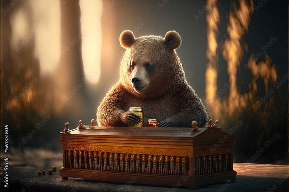 Poster a bear sitting at a table with a chess board in front of it and a chess board in front of it, with a