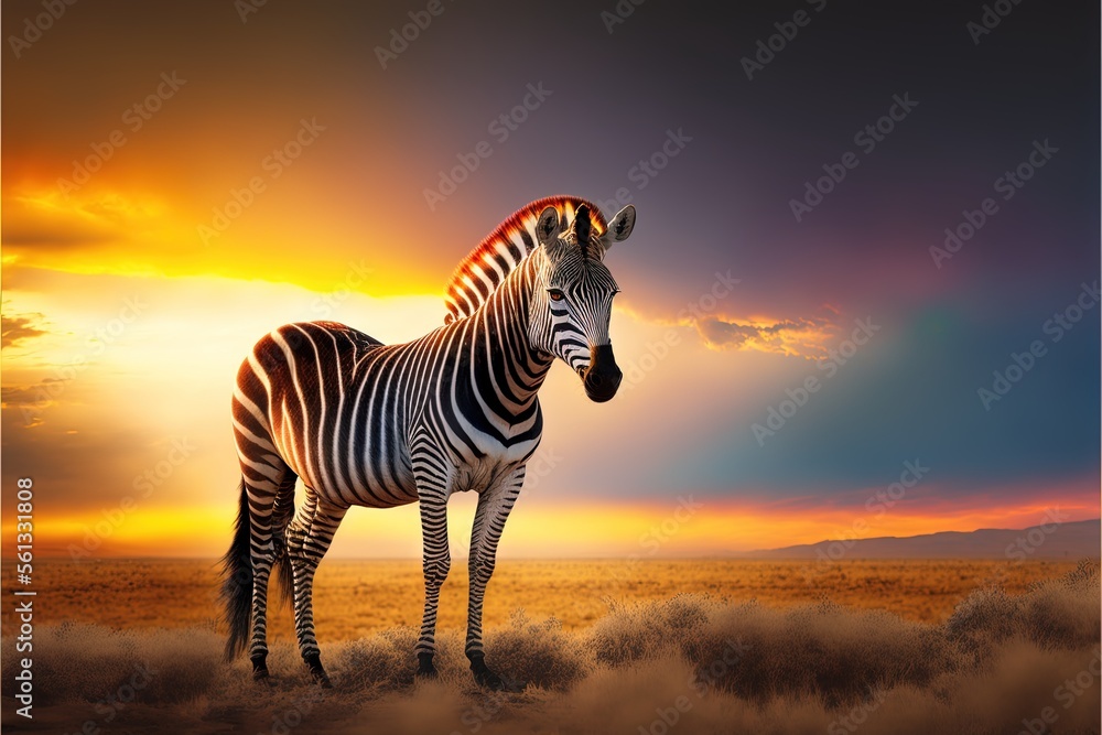 Poster a zebra standing in a field at sunset with a sky background and clouds in the background, with a sun
