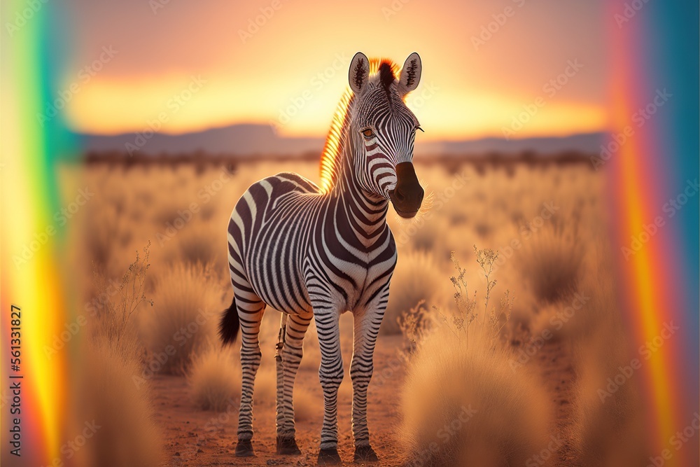 Aufkleber a zebra standing in a field with a rainbow in the background and a rainbow in the sky above it, with