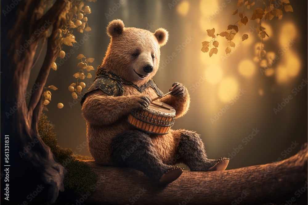 Poster a bear sitting on a tree branch playing a drum in a forest with leaves and a light shining on the gr