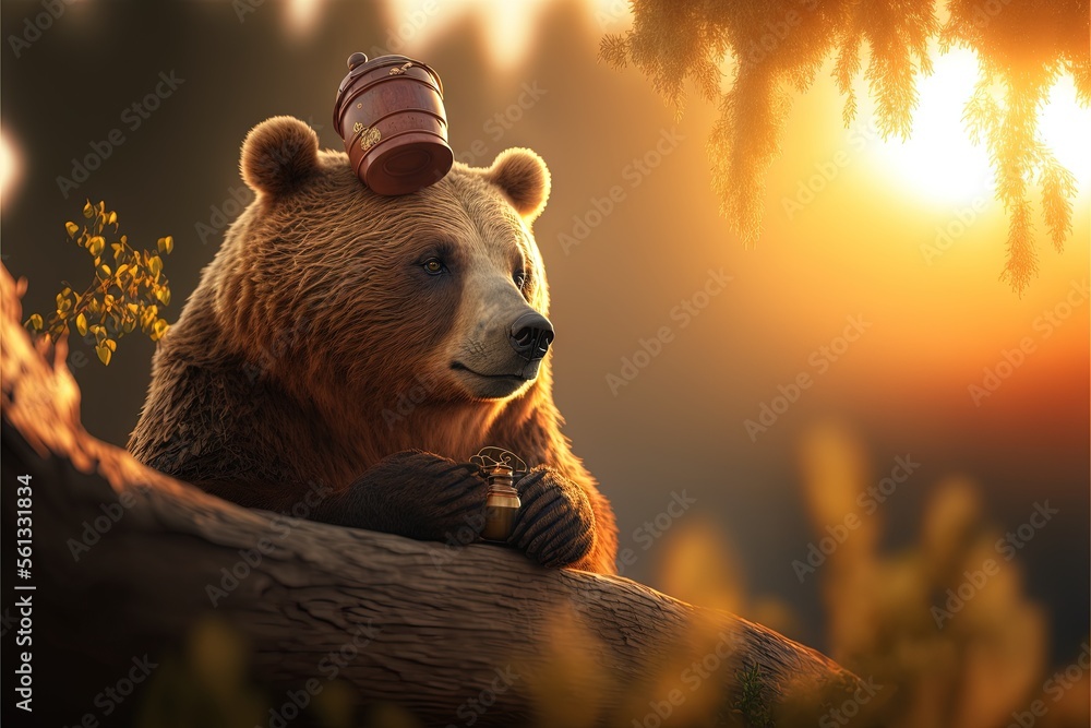 Poster a bear with a hat on its head sitting on a tree branch in the sun light, with a branch in the foregr