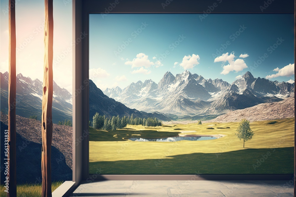Poster an open window with a view of the mountains