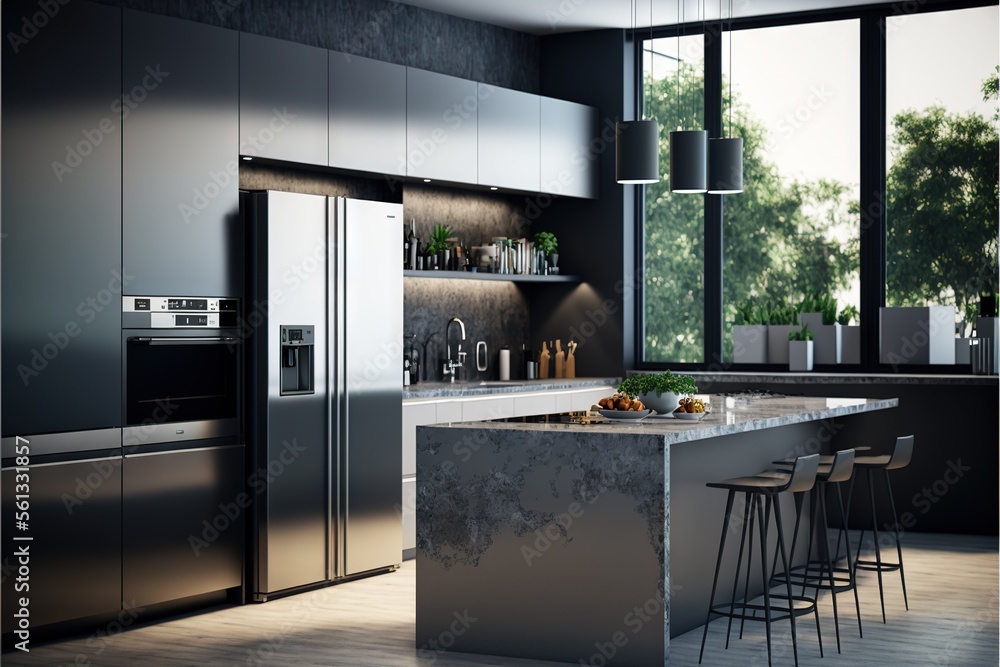 Poster a kitchen with a large island and a stove top oven and a refrigerator and a sink with a window in it