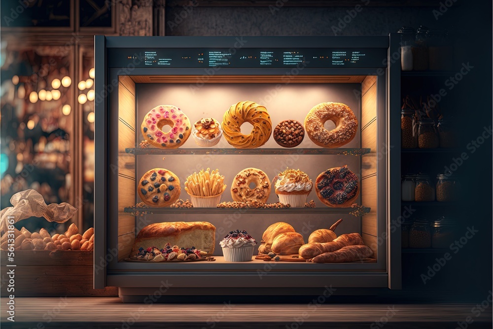 Poster a display case filled with lots of different types of donuts and other pastries in a bakery or baker