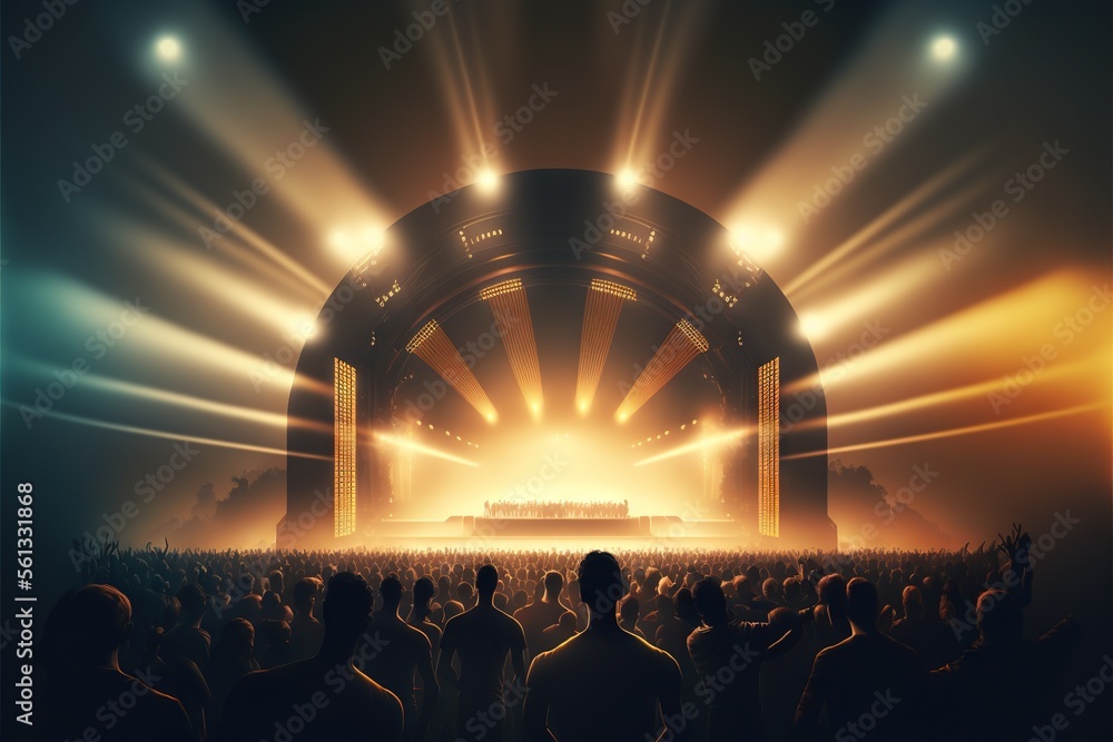Poster a concert scene with a stage and a crowd of people in the foreground and lights on the stage in the 