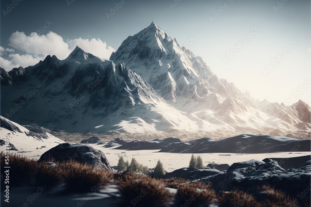 Poster a mountain range with a snow covered field and trees in the foreground and a blue sky with clouds in
