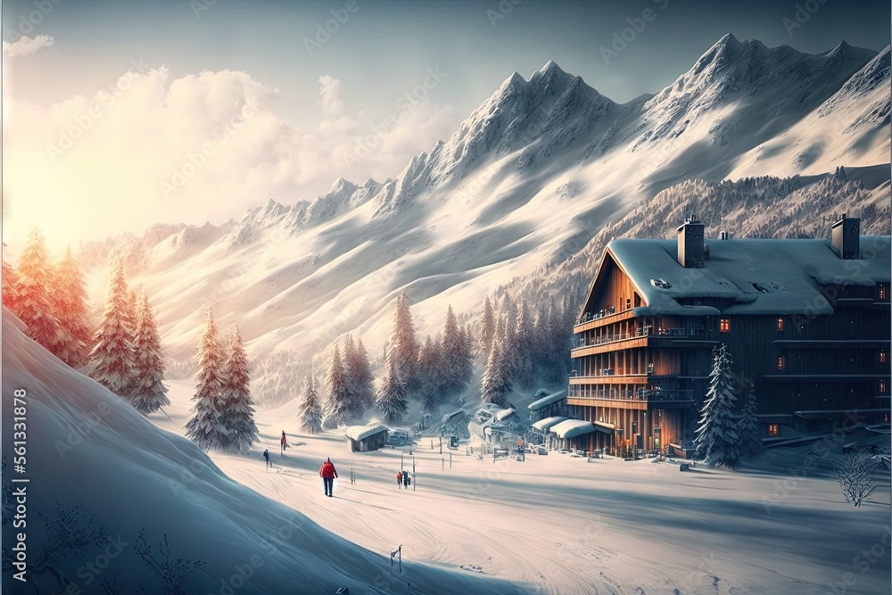 Poster a painting of a snowy mountain resort with people skiing in the snow and a cabin in the background w