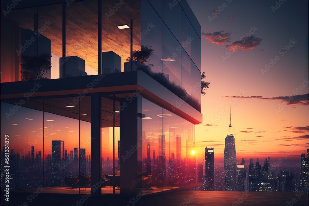 Aufkleber a city skyline with a sunset in the background and a building with a lot of windows and a view of th