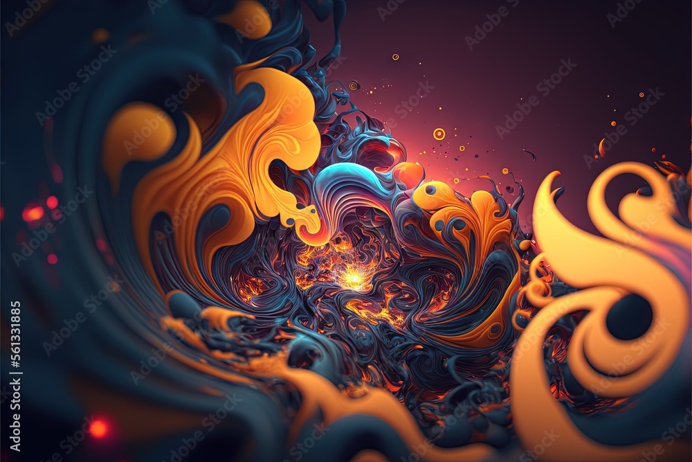 Poster a computer generated image of a swirly pattern in orange and blue colors with a red light in the cen